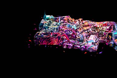 Kamyon ve konteynırlarla dolu bir geri dönüşüm alanının havadan görüntüsü antika eskiz sanatı.