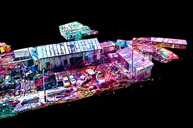 Kamyon ve konteynırlarla dolu bir geri dönüşüm alanının havadan görüntüsü antika eskiz sanatı.