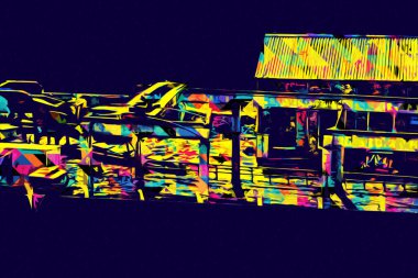 Kamyon ve konteynırlarla dolu bir geri dönüşüm alanının havadan görüntüsü antika eskiz sanatı.