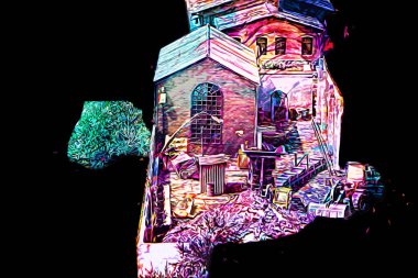 Kamyon ve konteynırlarla dolu bir geri dönüşüm alanının havadan görüntüsü antika eskiz sanatı.