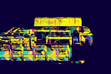 Kamyon ve konteynırlarla dolu bir geri dönüşüm alanının havadan görüntüsü antika eskiz sanatı.