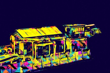 Kamyon ve konteynırlarla dolu bir geri dönüşüm alanının havadan görüntüsü antika eskiz sanatı.