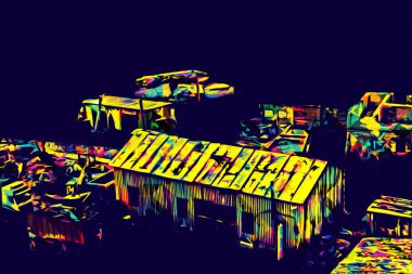 Kamyon ve konteynırlarla dolu bir geri dönüşüm alanının havadan görüntüsü antika eskiz sanatı.