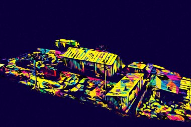 Kamyon ve konteynırlarla dolu bir geri dönüşüm alanının havadan görüntüsü antika eskiz sanatı.