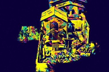 Kamyon ve konteynırlarla dolu bir geri dönüşüm alanının havadan görüntüsü antika eskiz sanatı.