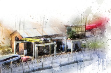 Kamyon ve konteynırlarla dolu bir geri dönüşüm alanının havadan görüntüsü antika eskiz sanatı.