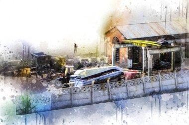 Kamyon ve konteynırlarla dolu bir geri dönüşüm alanının havadan görüntüsü antika eskiz sanatı.