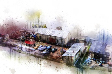 Kamyon ve konteynırlarla dolu bir geri dönüşüm alanının havadan görüntüsü antika eskiz sanatı.