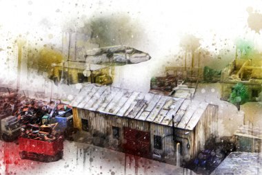 Kamyon ve konteynırlarla dolu bir geri dönüşüm alanının havadan görüntüsü antika eskiz sanatı.