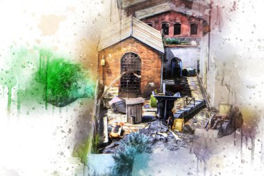 Kamyon ve konteynırlarla dolu bir geri dönüşüm alanının havadan görüntüsü antika eskiz sanatı.