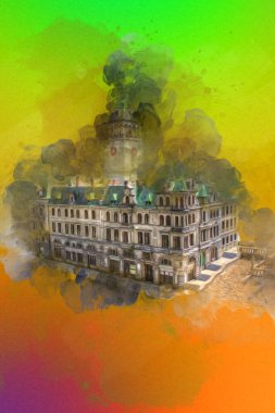 Açık havada belediye binası. Klodzko, Polonya, Sanat illüstrasyonu antika eskiz