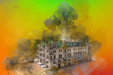 Açık havada belediye binası. Klodzko, Polonya, Sanat illüstrasyonu antika eskiz