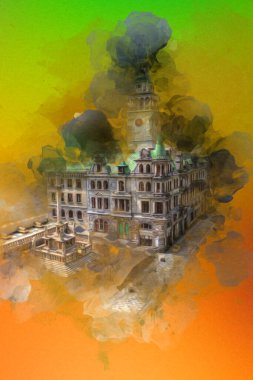 Açık havada belediye binası. Klodzko, Polonya, Sanat illüstrasyonu antika eskiz