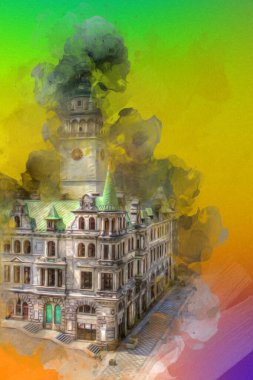 Açık havada belediye binası. Klodzko, Polonya, Sanat illüstrasyonu antika eskiz