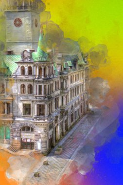 Açık havada belediye binası. Klodzko, Polonya, Sanat illüstrasyonu antika eskiz