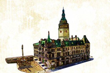 Açık havada belediye binası. Klodzko, Polonya, Sanat illüstrasyonu antika eskiz