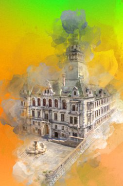 Açık havada belediye binası. Klodzko, Polonya, Sanat illüstrasyonu antika eskiz