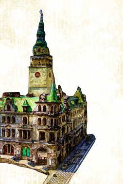 Açık havada belediye binası. Klodzko, Polonya, Sanat illüstrasyonu antika eskiz