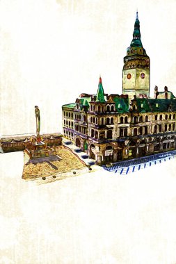 Açık havada belediye binası. Klodzko, Polonya, Sanat illüstrasyonu antika eskiz