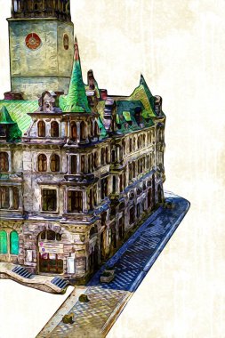 Açık havada belediye binası. Klodzko, Polonya, Sanat illüstrasyonu antika eskiz