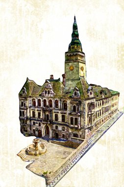 Açık havada belediye binası. Klodzko, Polonya, Sanat illüstrasyonu antika eskiz