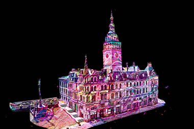 Açık havada belediye binası. Klodzko, Polonya, Sanat illüstrasyonu antika eskiz