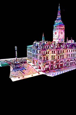 Açık havada belediye binası. Klodzko, Polonya, Sanat illüstrasyonu antika eskiz