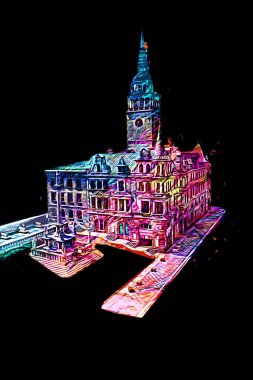 Açık havada belediye binası. Klodzko, Polonya, Sanat illüstrasyonu antika eskiz