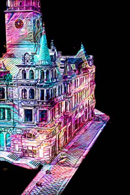 Açık havada belediye binası. Klodzko, Polonya, Sanat illüstrasyonu antika eskiz