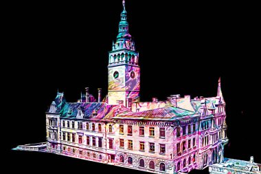 Açık havada belediye binası. Klodzko, Polonya, Sanat illüstrasyonu antika eskiz