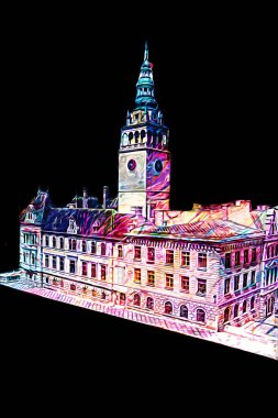 Açık havada belediye binası. Klodzko, Polonya, Sanat illüstrasyonu antika eskiz