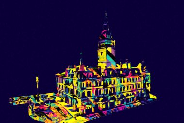 Açık havada belediye binası. Klodzko, Polonya, Sanat illüstrasyonu antika eskiz