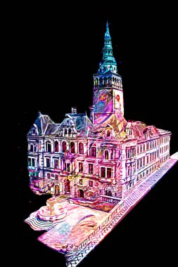 Açık havada belediye binası. Klodzko, Polonya, Sanat illüstrasyonu antika eskiz