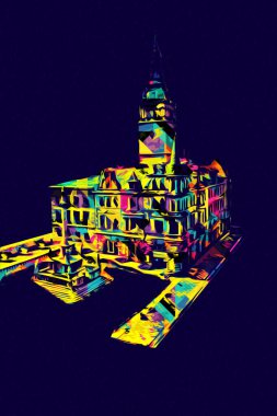 Açık havada belediye binası. Klodzko, Polonya, Sanat illüstrasyonu antika eskiz