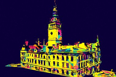 Açık havada belediye binası. Klodzko, Polonya, Sanat illüstrasyonu antika eskiz