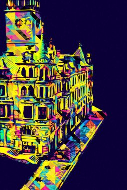 Açık havada belediye binası. Klodzko, Polonya, Sanat illüstrasyonu antika eskiz