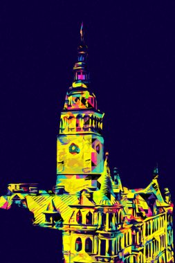 Açık havada belediye binası. Klodzko, Polonya, Sanat illüstrasyonu antika eskiz