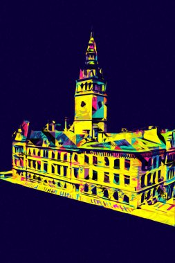 Açık havada belediye binası. Klodzko, Polonya, Sanat illüstrasyonu antika eskiz