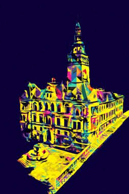 Açık havada belediye binası. Klodzko, Polonya, Sanat illüstrasyonu antika eskiz