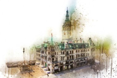 Açık havada belediye binası. Klodzko, Polonya, Sanat illüstrasyonu antika eskiz