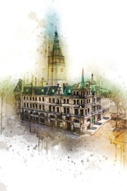 Açık havada belediye binası. Klodzko, Polonya, Sanat illüstrasyonu antika eskiz