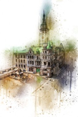 Açık havada belediye binası. Klodzko, Polonya, Sanat illüstrasyonu antika eskiz