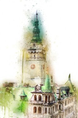 Açık havada belediye binası. Klodzko, Polonya, Sanat illüstrasyonu antika eskiz