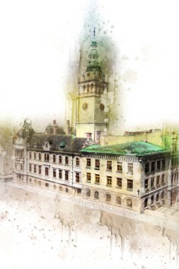 Açık havada belediye binası. Klodzko, Polonya, Sanat illüstrasyonu antika eskiz