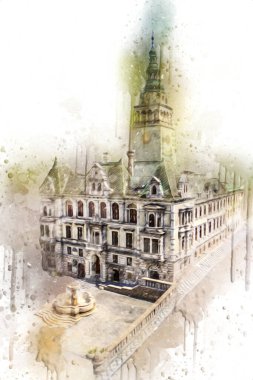 Açık havada belediye binası. Klodzko, Polonya, Sanat illüstrasyonu antika eskiz