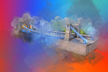 Köprülerin havadan görünüşü, Wrocaw nehri, Polonya, sanat illüstrasyonları antika eskizler