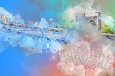 Köprülerin havadan görünüşü, Wrocaw nehri, Polonya, sanat illüstrasyonları antika eskizler