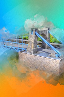 Köprülerin havadan görünüşü, Wrocaw nehri, Polonya, sanat illüstrasyonları antika eskizler