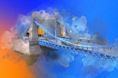 Köprülerin havadan görünüşü, Wrocaw nehri, Polonya, sanat illüstrasyonları antika eskizler