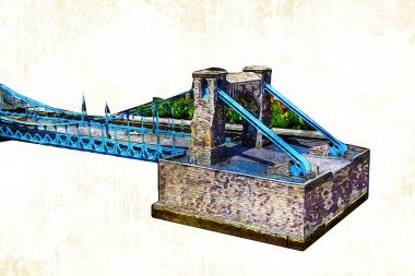 Köprülerin havadan görünüşü, Wrocaw nehri, Polonya, sanat illüstrasyonları antika eskizler